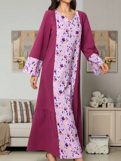 Plus-Size 2026 Spring Clothing - New Long-Sleeved Women's Printed Skirt With Patterned Flower Print On The Edges