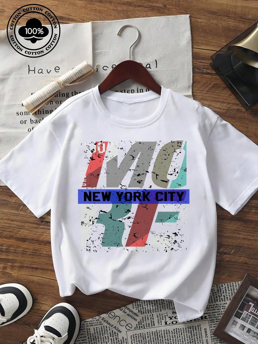 Damen Kurzarm Grafik Muster T-Shirt mit NEW YORK CITY Buchstaben Kunst, vintage inspirierter lässiger Streetwear Rundhals-Ausschnitt, weite Passform Sommer Top für den täglichen Gebrauch - Schwarz - Übersicht 1
