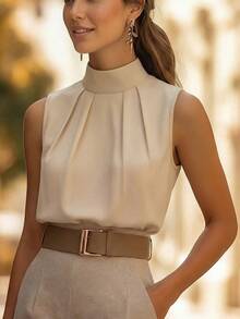 1 pieza Blusa de mujer de verano sin mangas con decoración plisada, elegante y de unicolor, adecuada para verano, vacaciones, oficina, uso diario y citas por la noche - Caqui - Ver 1