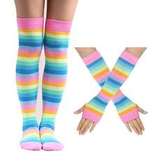 European And American Rainbow Long Socks High Tube Socks Cotton Over-The-Knee Socks Women Colorful Striped Gloves Cross-Border Party Props Set CV5M - 黃色口4/手+腳 - 查看 7