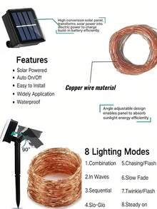 一套太阳能灯串，8种户外防水照明模式，铜线灯，50-300颗LED灯珠，可DIY，适用于花园、庭院、露营、派对、婚礼、圣诞树、圣诞节、万圣节、情人节装饰（暖白/白/彩色/粉色/蓝色/红色）