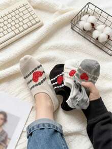 4双装女士纯棉薄袜，新款心形船袜，韩版涂鸦条纹防滑透气隐形袜，随机发货 - 彩色 - 查看 4