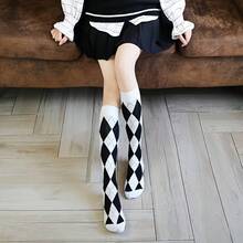1 Paar Retro Diamantmuster Farbblock Overknee Socken, Diamant-Strick, College-Stil für den täglichen Gebrauch, schlankende hohe Röhrensocken - Verschiedenfarbig - Übersicht 6