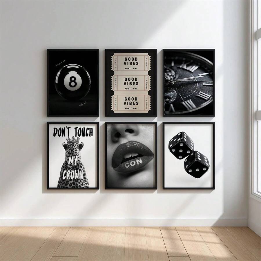 1幅无框黑白照片墙画，时尚美学公寓装饰，时尚杂志豹纹图案，Y2K风格墙面装饰，墙面艺术，墙面装饰，帆布画，现代简约风格印刷品，客厅和卧室装饰，浴室装饰，理想礼物 - 彩色 - 查看 1