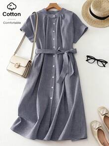 Elegant Retro Women's Plaid Mid-Length Dress, Stand Collar Short Sleeve, Button And Tie Details - Navy Blue - View 1
