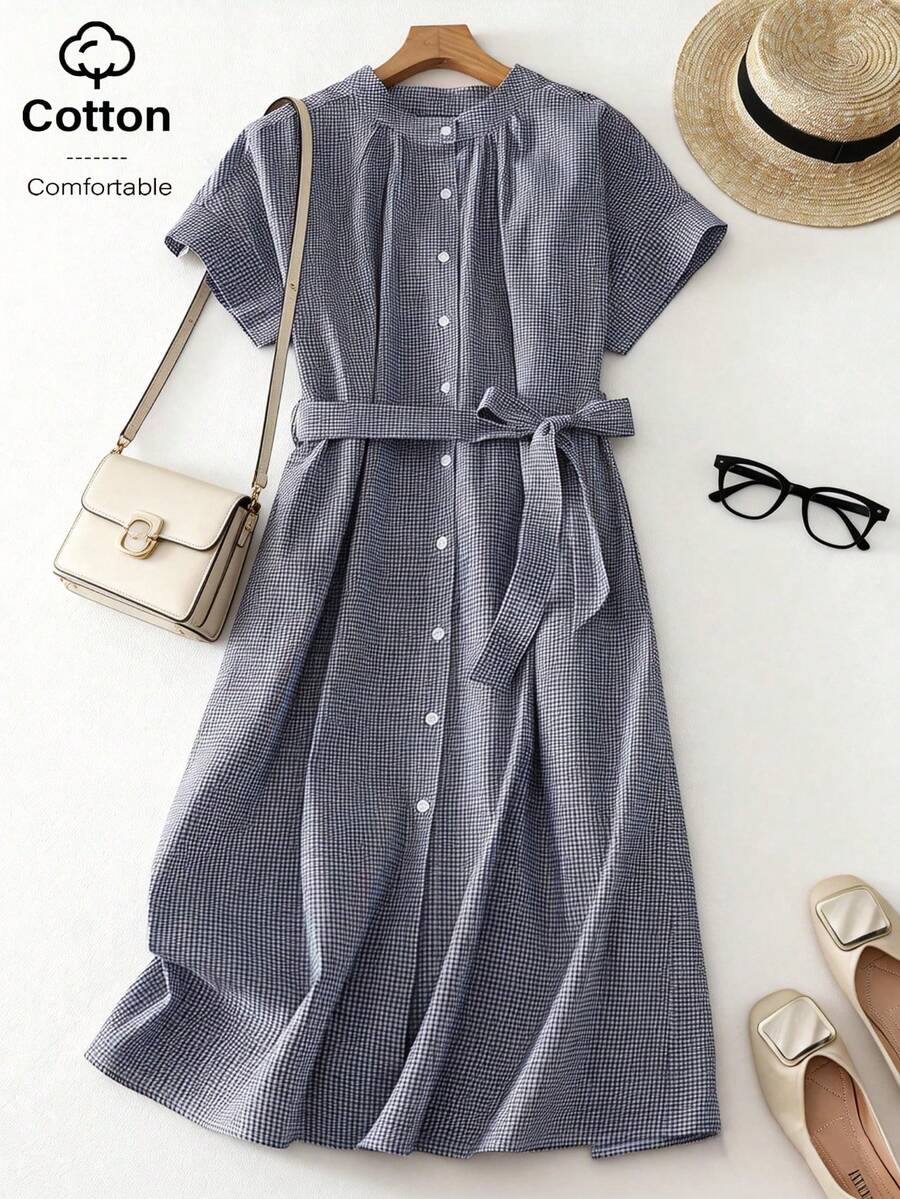 Elegant Retro Women's Plaid Mid-Length Dress, Stand Collar Short Sleeve, Button And Tie Details - Navy Blue - View 1