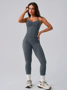 NcmRyu 1 Set Women's Fashion Elastic Halter Neck Tank Top And Pants Sportswear Set - Grey - View 8