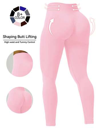 1pc Pink Butt Lifting Tight Leggings, Women Fitness Wear