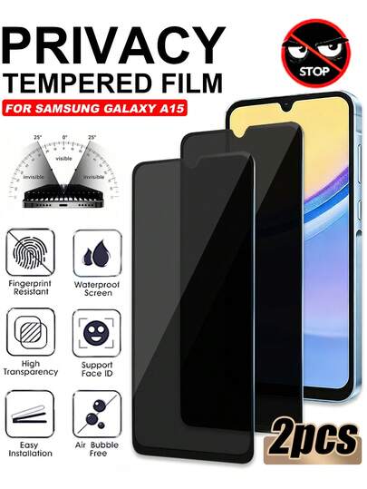 2 piezas Protector de pantalla de vidrio templado anti-espía, compatible con modelos Galaxy S21 FE/Galaxy S23 FE/Galaxy A54/Galaxy A06, borde negro estampado en seda, anti-espionaje, anti-golpes, anti-arañazos, anti-huellas dactilares, película de vidrio de privacidad sin burbujas, adecuado como regalo para cumpleaños/Pascua/Navidad/familia/amigos/novio/novia, se ajusta a Galaxy A15/Galaxy A31/Galaxy A34 y talla grande accesorios esenciales de protección de pantalla, aplicable a protección diaria, oficina, hogar