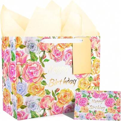 New  13" Large Happy Birthday Gift Bag With Tissue Paper And Greeting Card, Watercolor Floral Roswith Foil Design, Perfect For Womens Birthday
