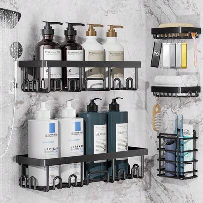 6 Pack Rust-Resistant Wall Mount Shower Caddy With Adhesive Shelves & Soap Dish For Easy Bathroom & Kitchen Organization