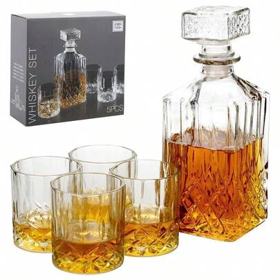 Whiskey Decanter Set, 5pcs - 4 Whiskey Tumblers 230ml & 900ml Decanter Carafe, Elegant Diamond Cut - Classic Gift For Men - Alcohol Glasses, Scotch, Rum & Whisky Accessories Enthusiasts