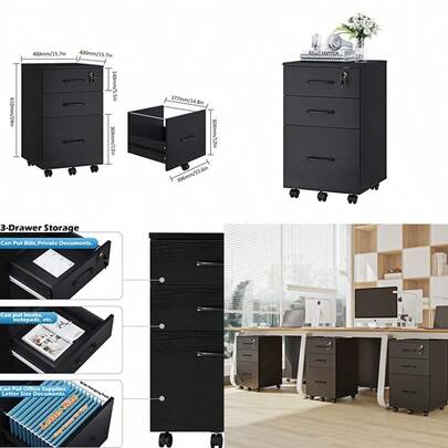 3 Drawers Mobile File Cabinet Wooden Compact Under Desk Storage Unit Rolling Office Cabinet For Home Office Organization Black-2