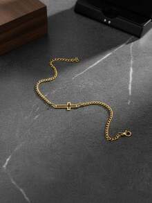 1 pieza Pulsera de cadena de acero inoxidable con cruz hueca, minimalista y de moda para hombres - Dorado - Ver 2