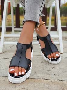 1 Pair Teens' Thick Sole Sandals, Black & White, Hollow Vamp, Hook & Loop Closure, Minimalist Versatile Women High Heel Sandals, Suitable For Daily Outing And Walking - Black - View 4