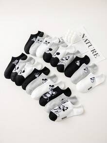 Disney 1/5/10/20双装女士/情侣短袜，经典黑白灰卡通米奇米妮图案装饰，简约柔软舒适校园风隐形袜，个性化时尚透气吸湿黑色，适合日常生活、生日派对、户外运动、校园活动、节日聚会等场合，多种组合可选
