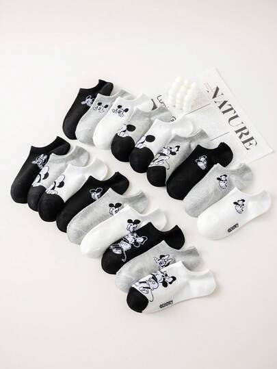 Disney 1/5/10/20双装女士/情侣短袜，经典黑白灰卡通米奇米妮图案装饰，简约柔软舒适校园风隐形袜，个性化时尚透气吸湿黑色，适合日常生活、生日派对、户外运动、校园活动、节日聚会等场合，多种组合可选