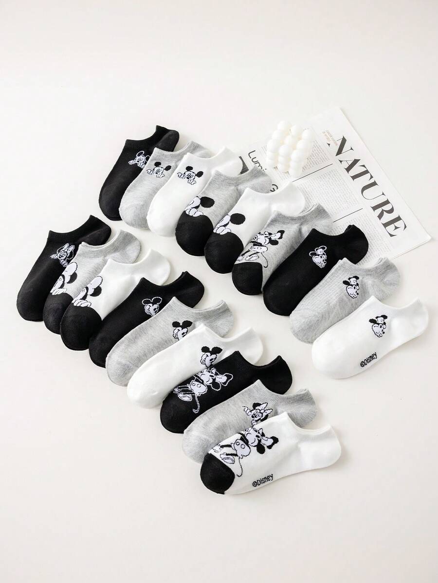 Disney 1/5/10/20双装女士/情侣短袜，经典黑白灰卡通米奇米妮图案装饰，简约柔软舒适校园风隐形袜，个性化时尚透气吸湿黑色，适合日常生活、生日派对、户外运动、校园活动、节日聚会等场合，多种组合可选