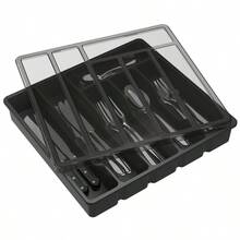 Cutlery Tray With Lid, Cutlery Storage Box For Kitchen Countertop And Drawer, Plastic Cutlery Drawer Organiser For Spoons Forks Knives Holder Storage Insert, 6 Compartments - 灰色的 - 查看 2