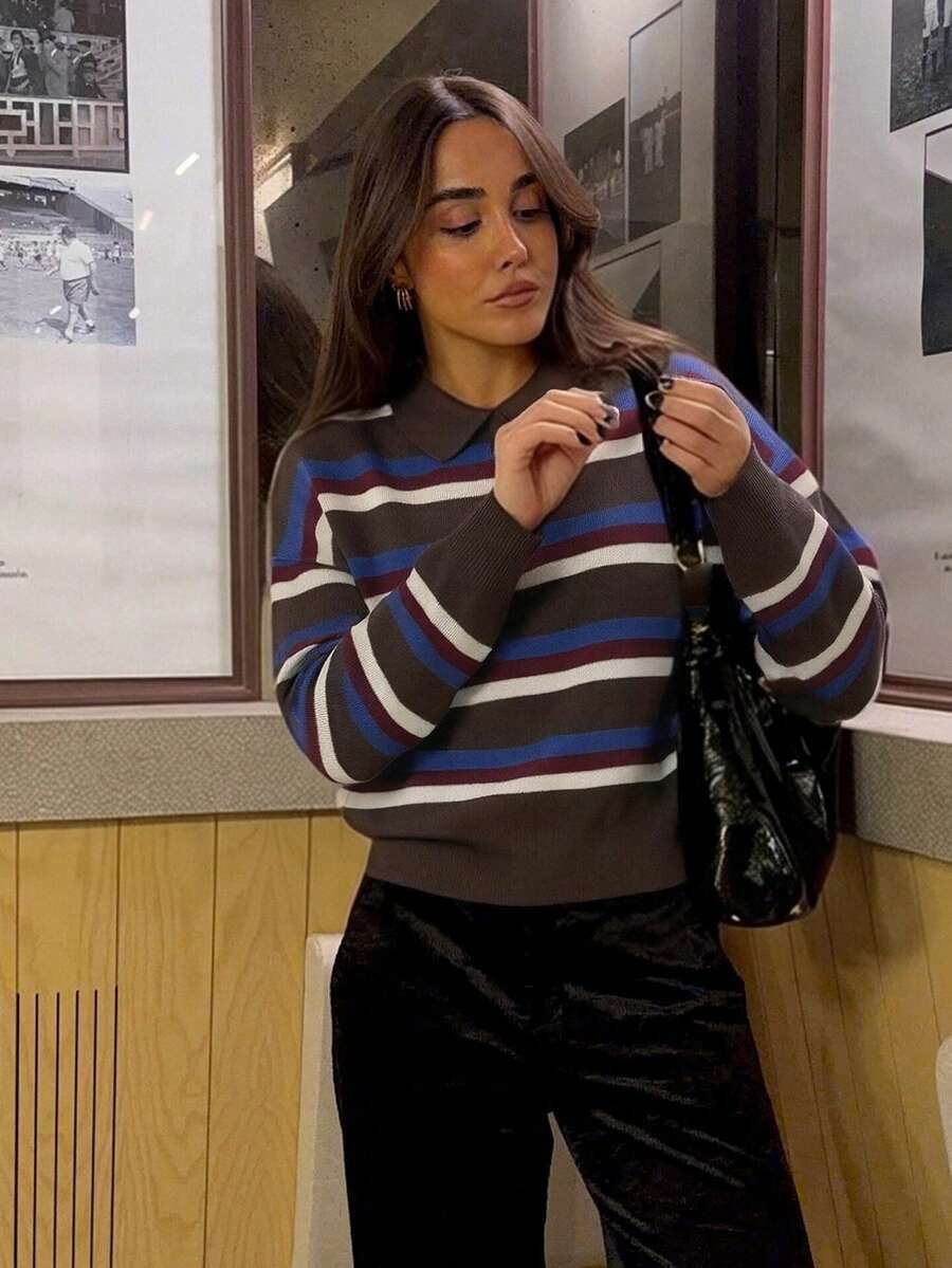 HH Women's Spring Colorblock Striped Knit Pullover, Women's Loose Fit Turtleneck Long Sleeve Sweater, Retro Fashion Top - màu nâu - Xem 1