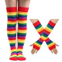 European And American Rainbow Long Socks High Tube Socks Cotton Over-The-Knee Socks Women Colorful Striped Gloves Cross-Border Party Props Set CV5M - 黃色口4/手+腳 - 查看 4