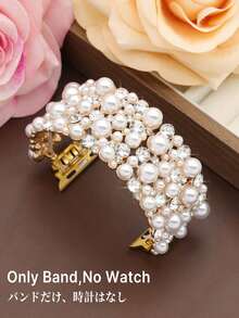 Huastonband 1件金色調全水鑽與珍珠彈性手環錶帶女款 Ultra3 2/SE/S11/S10/S9/S8/S7/S6/S5/S4/S3/S2/1，38mm/40mm/41mm/42mm/44mm/45mm/46mm/49mm，奢華珍珠與鑽石鍍彈性手鍊，時尚獨特設計適用於派對、海灘、婚禮、畢業典禮及其他場合 - 金色 - 查看 7
