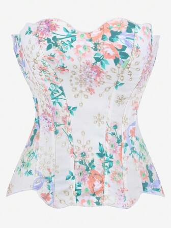 胸衣式束身胸衣，饰有刺绣花卉图案，无肩带心形领口，复古风格塑身衣，束腰带，下胸式束身胸衣，后背系带可调节