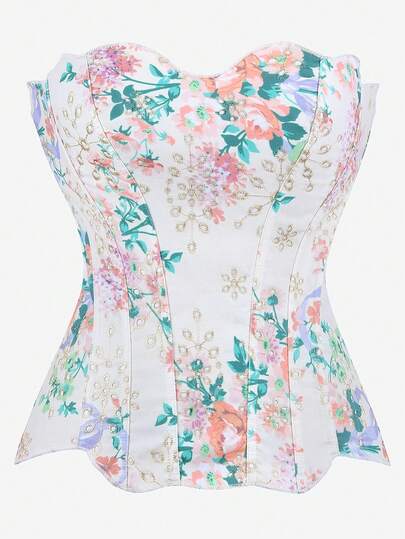 Overbust Corset Bustier With Embroidered Floral Design, Strapless Sweetheart Neckline, Vintage Style Shapewear, Waist Trainer, Underbust Corset With Lace-Up Back Adjustable