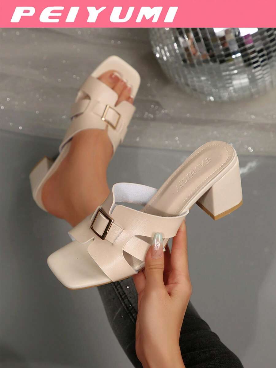 PEIYUMI Giày cao gót nữ thanh lịch mùa xuân/hè mới, thiết kế khóa chữ H, thời trang và sành điệu, phù hợp cho các bữa tiệc và sự kiện. - Màu be - Xem 1