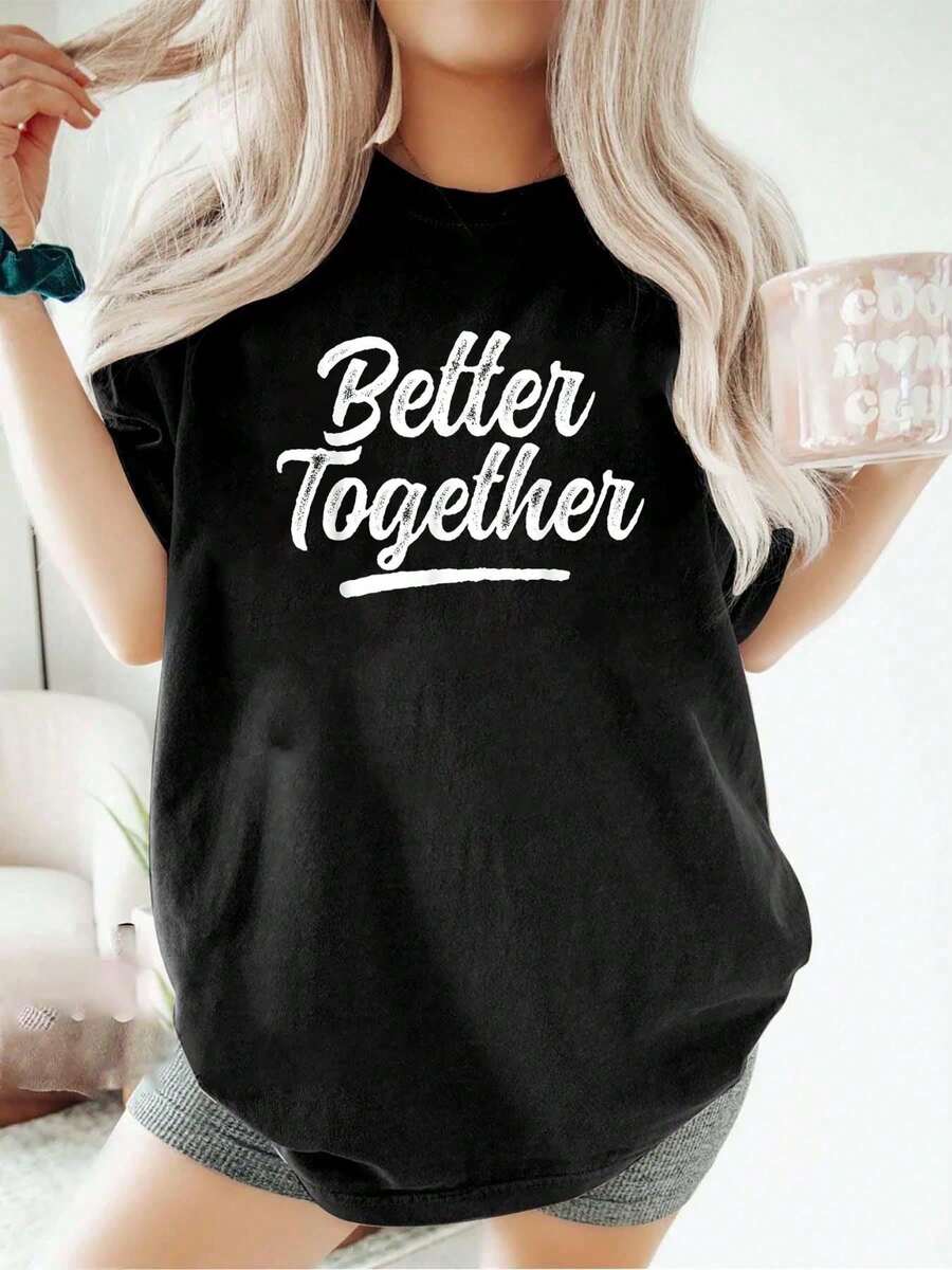 100% Pure Cotton Matching Couple T-Shirts Casual Street Printed T-Shirt For Women - Black - View 1