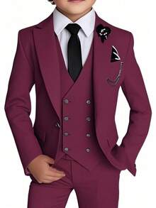 Stylish Boys 4 Piece Slim Fit One Button Formal Suit Set With Tie For Wedding Prom Party - Burgundy - View 1