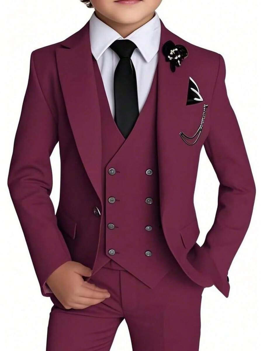 Stylish Boys 4 Piece Slim Fit One Button Formal Suit Set With Tie For Wedding Prom Party - Burgundy - View 1