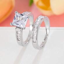 女士两件套铜戒指，优雅复古新娘叠戴戒指，镶嵌闪亮锆石，日常/婚礼首饰，情人节礼物 - 婚禮對戒8 - 查看 19