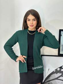 Casaco Canelado Feminino Cardigan Tricô - Verde Pinheiro - Visão 4