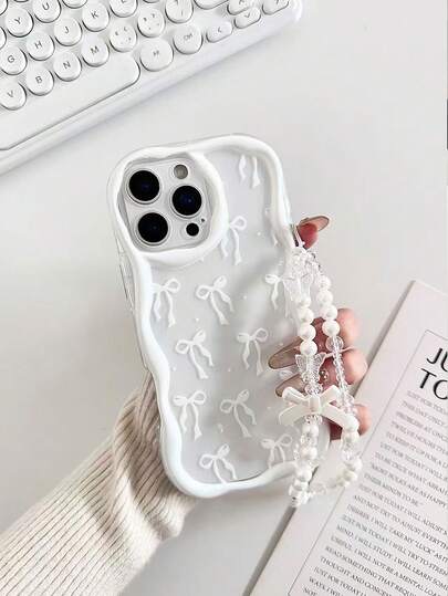 Cream Textured Wavy Edged Glossy Bow Decor Painted Anti-Drop Phone Case With Beaded Bracelet Accessory, Compatible With IPhone, Redmi