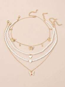 4pcs Drip Oil Butterfly & Heart Shaped Faux Pearl Beaded Butterfly Pendant Necklace Set For Teenage Girls - Multicolor - View 7
