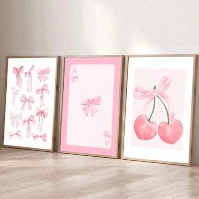 3pcs Pink Bow Watercolor Wall Art Prints, Girly Canvas Painting, College Style Poster Decor, Suitable For Bedroom, Living Room, Office, Dorm Room Decoration, Frameless