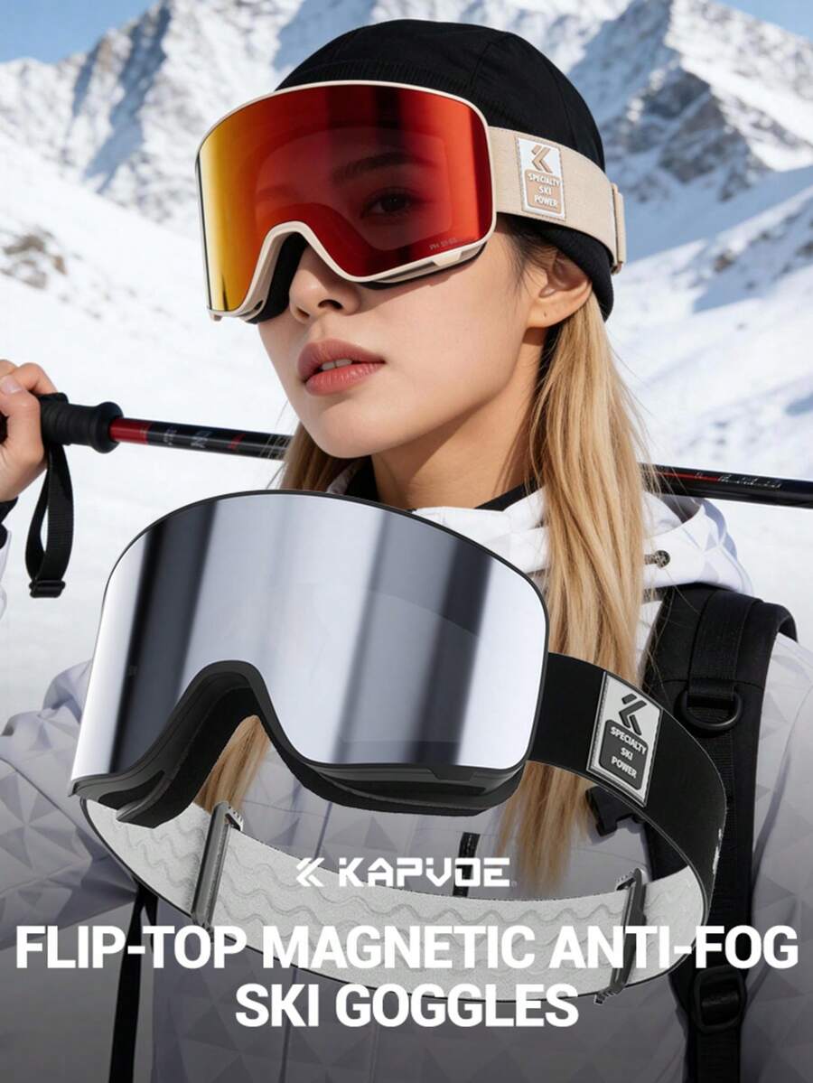 KAPVOE 变色滑雪镜,冬季户外运动翻盖式滑雪镜,雪地摩托/单板滑雪镜,防雾滑冰眼镜,男女通用,UV400 防紫外线,磁吸式雪上运动装备,滑雪配件 - 彩色 - 查看 1