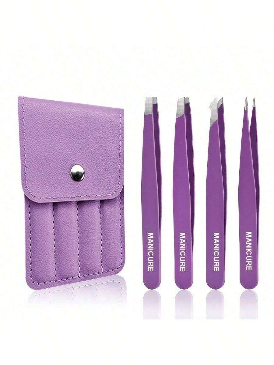 4pcs Stainless Steel Purple Eyebrow Tweezers Makeup Tool Set, Suitable For Eyelash Extension, Eyebrow Shaping, Facial Hair Removal And False Lash Application - Sets - View 1