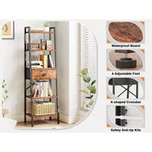 5 Tier Ladder Shelf, Tall And Narrow Bookshelf With Drawer,Standing Bookcase Units, Industrial Open Display Shelves Organizer For Bathroom,Kitchen,Bedroom,Living Room,Rustic Brown - Nâu mộc mạc - Xem 5