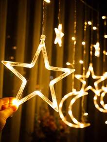 Einstellbare Mond & Stern LED Vorhanglichter - Warme/bunte Lichterkette, Märchenstil, geeignet für Weihnachten, Valentinstag, Hochzeit, Ramadan, Gartendekoration - Warmes Licht - Übersicht 10