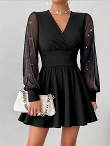 女士纯色交叉V领灯笼袖优雅连衣裙