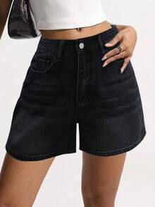 Quần short denim phong cách Y2K rách rưới họa tiết da báo và họa tiết ngôi sao, quần short denim dáng rộng đa năng cho mùa hè. - Khói đen - Xem 2