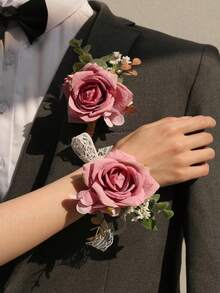 1件/2件装优雅玫瑰绣球花仿真花胸花和腕带，适合新郎、新娘、伴娘、婚礼、舞会、派对、正式场合 - 粉色 - 查看 8