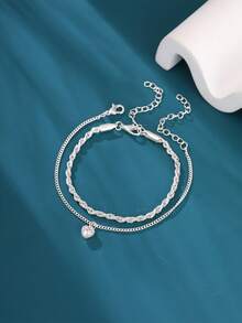 2件套优雅银色扭纹链和基础款链条组合心形吊坠手链套装，适合情人节和母亲节。 - 銀色 - 查看 4