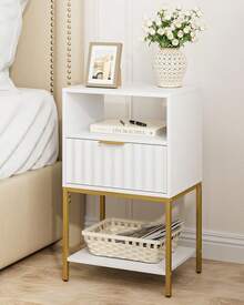 2- Tier Small Side Table For Small Spaces, White Bedside Table With Storage And Fluted Drawer, Tall Open Shelf NightStand For Living Room, Bedroom, Dorm - 白色 - 查看 3