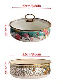 SummitPulse 1pc Vintage Floral Enamel Shallow Pot, Suitable For All Seasons, With Gold-Rimmed Double Handles/Handleless Design, Multifunctional Cookware For Home And Commercial Use (Can Be Used As Soup Pot, Stew Pot, Instant Noodle Pot), Ideal For Holiday Gatherings, Family Dinners, And A Great Gift For Friends And Family On Holidays Or Birthdays. - Multicolor - View 11