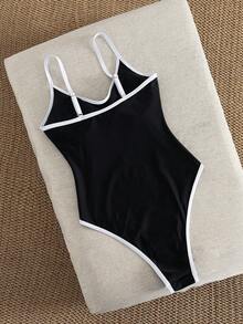 女士撞色滚边细肩带休闲黑色运动连体泳衣，夏季