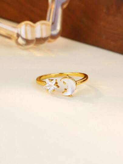 1枚优雅星月戒指，男女通用，开口可调节，镀金不锈钢材质，星月戒指，婚礼派对珠宝配饰礼品