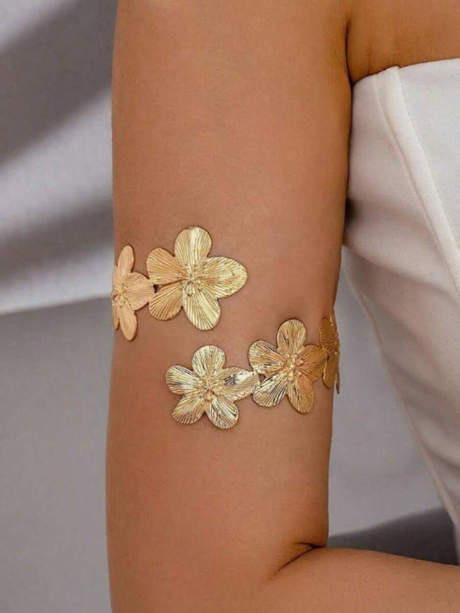 1pc Bohemian Floral Print Casual Bracelet, Versatile For Daily Wear And Vacation - Gold - View 1